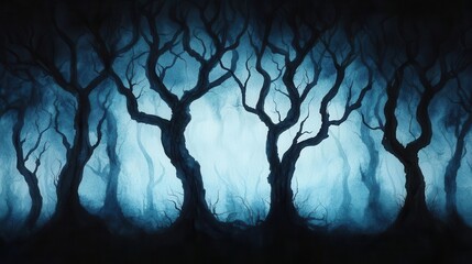 Naklejka premium Dark forest, twisted trees, shadowy figures, Watercolor style