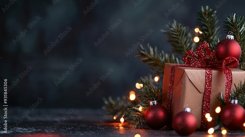 Aufkleber a brown box with a red ribbon sits on a table with a bunch of red christmas ornaments