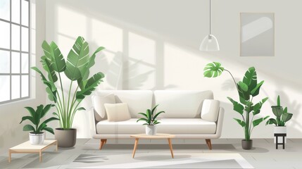 This minimalist living room boasts a soft sofa, green plants, and natural light enhancing the peaceful atmosphere