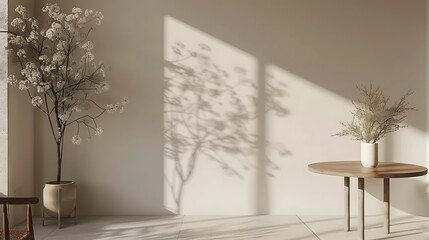 Fototapeta premium A minimalist room with a round wooden table, two potted plants, and a large window letting in natural light, creating beautiful shadows on the wall.