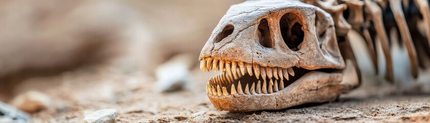 Naklejka premium Close-up of a dinosaur skull fossil exuding an ancient vibe, showcasing its sharp teeth and intricate bone structure.