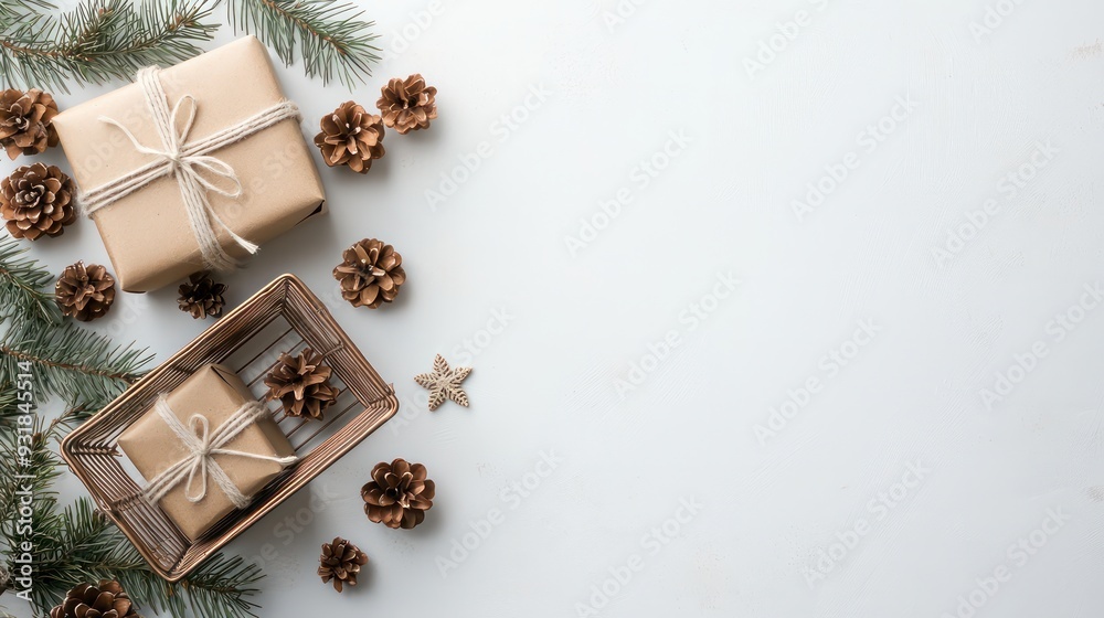 Poster a basket of presents is surrounded by pine cones and sits on a white background. the basket is fille