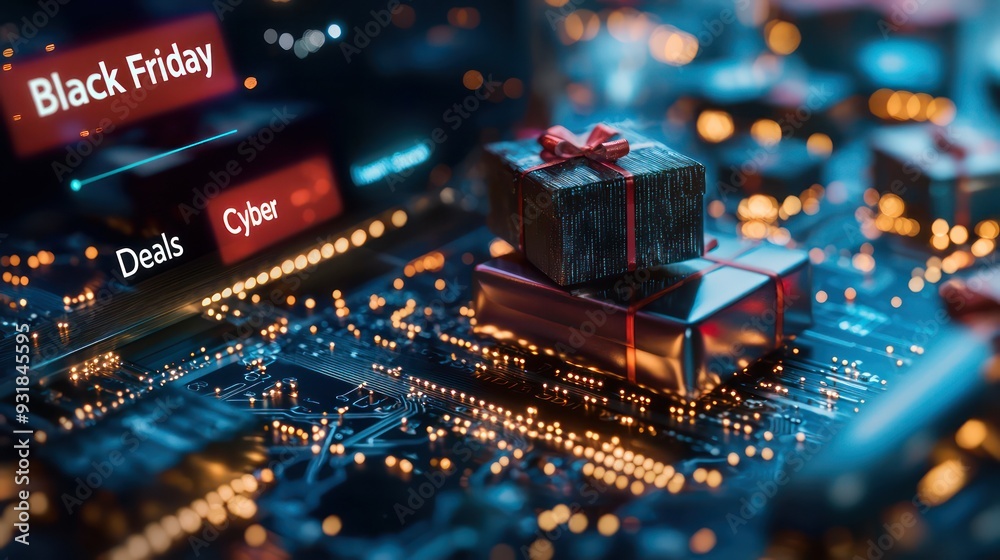 Poster a computer chip with a black friday deal and a gift box on top of it. the image has a futuristic and