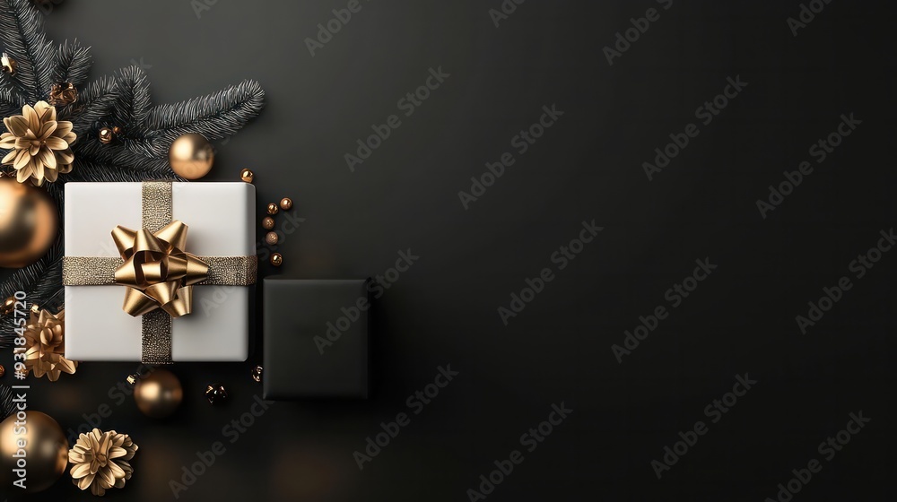 Poster a black background with a white box with a gold bow on top of it