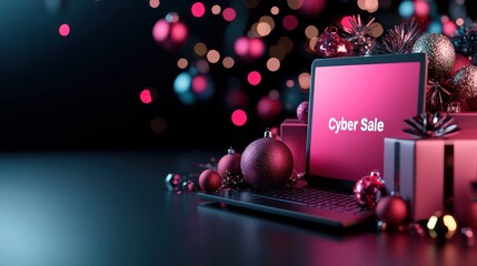 A laptop with a Christmas tree background and the words Cyber Sale written on it. The laptop is surrounded by Christmas decorations, including a box of presents. The image conveys a festive