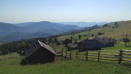 mountains in summer, carpathians, beautiful view of mountains and houses in mountains, countryside