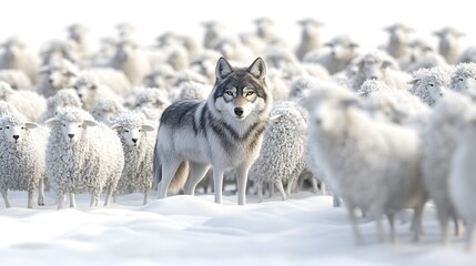 Obraz premium Lone Wolf Gazing at Sheep Flock in Snowy Winter Landscape
