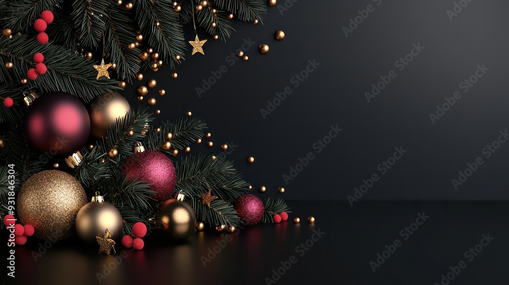 Poster a black background with a tree of christmas decorations. the tree is full of gold and red ornaments