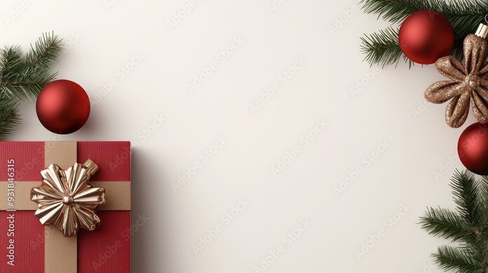 Poster a red box with a gold bow sits on a white background. the box is decorated with red and gold ornamen