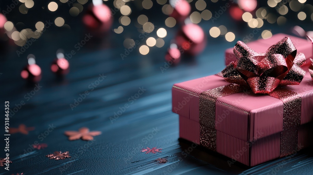 Poster A pink box with a red bow sits on a table with a blue background. The box is decorated with red ornaments and is surrounded by a festive atmosphere