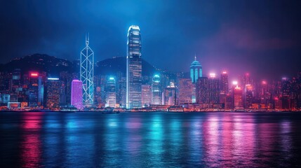 Fototapeta premium Hong Kong Skyline Illuminated at Night with Vivid Blue and Pink Reflections