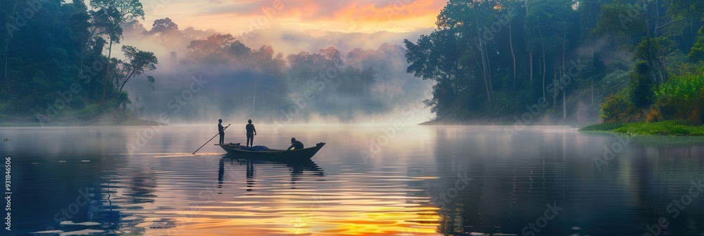 Aufkleber fishermen cast their nets at dawn on a tranquil lake, reflecting the colorful sky and enveloped in m