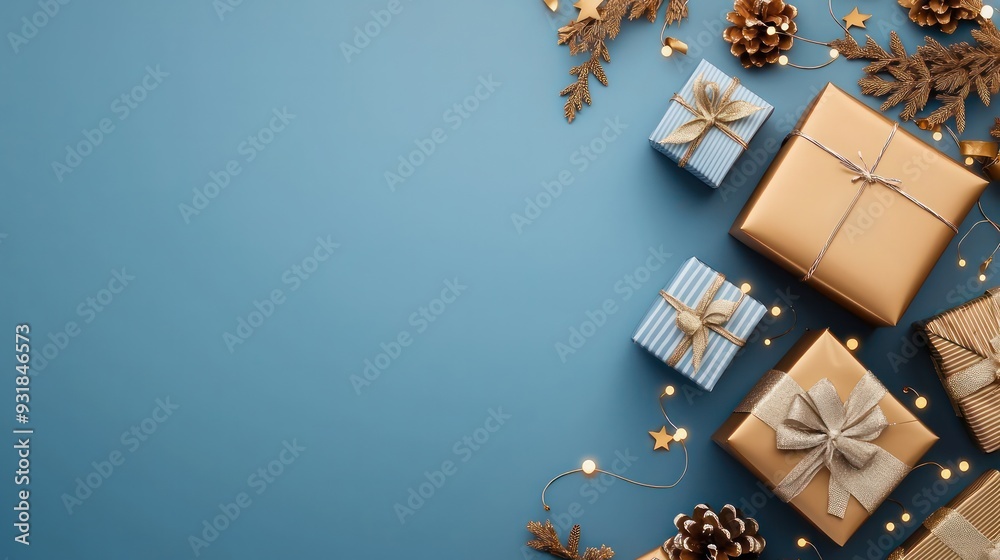 Poster A blue background with gold boxes and pine cones. The boxes are wrapped in gold paper and have bows on them. The pine cones are scattered around the boxes, adding a festive touch to the scene