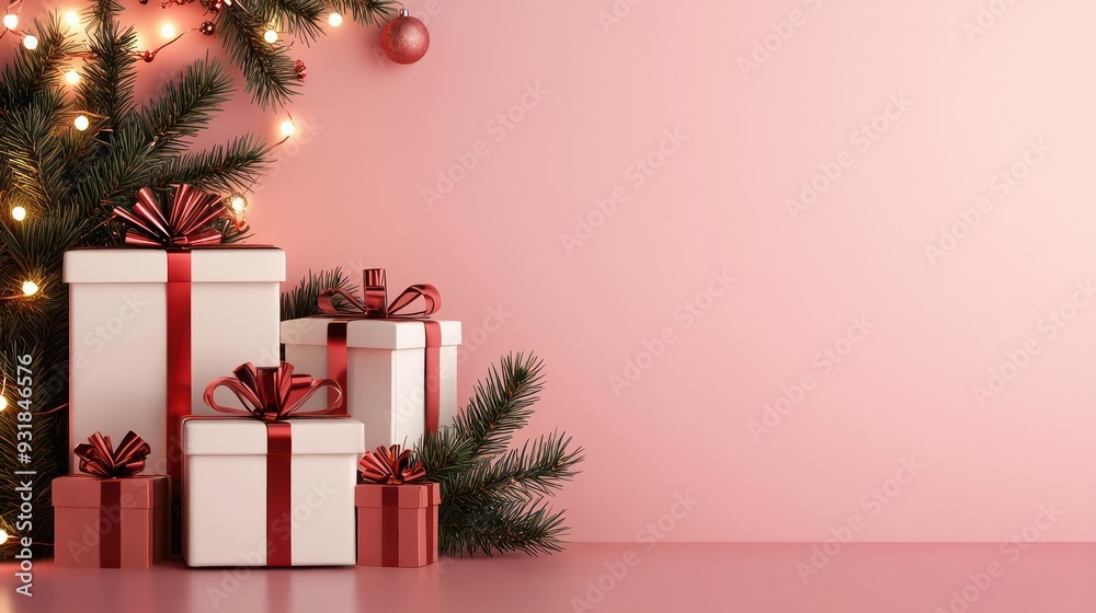 Poster a christmas tree with three white boxes on top of it. the boxes are decorated with red ribbons