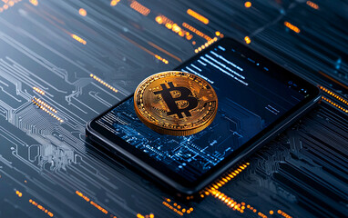 Futuristic digital wallet featuring a Bitcoin coin on a sleek, high-tech background interface.