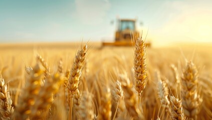 Obraz premium A tractor is driving through a field of wheat by AI generated image