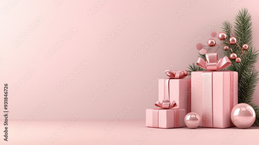 Poster pink boxes with bows on top of a pink background. the boxes are stacked on top of each other