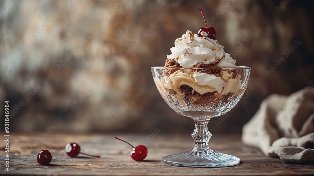 Poster an elegant presentation of an ice cream sundae in a crystal-clear glass, showcasing layers of creamy