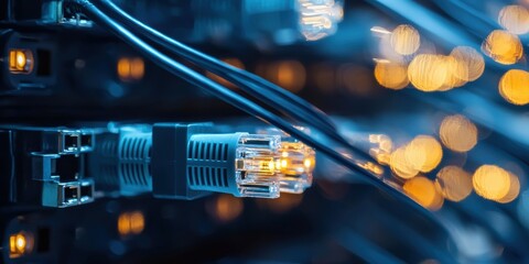 Close-up of network cables with glowing connectors in a server room, showcasing technology and connectivity in a digital environment.