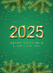 Merry Christmas and Happy New Year 2025 greeting card. Winter vector illustration.