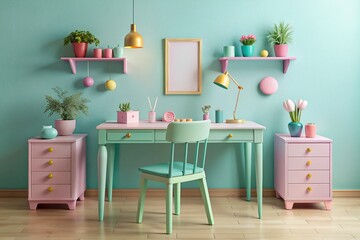 Pastel Paradise Escape: Candy-colored desk in a playful and dreamy setting, with whimsical accessories and a vibrant color scheme.