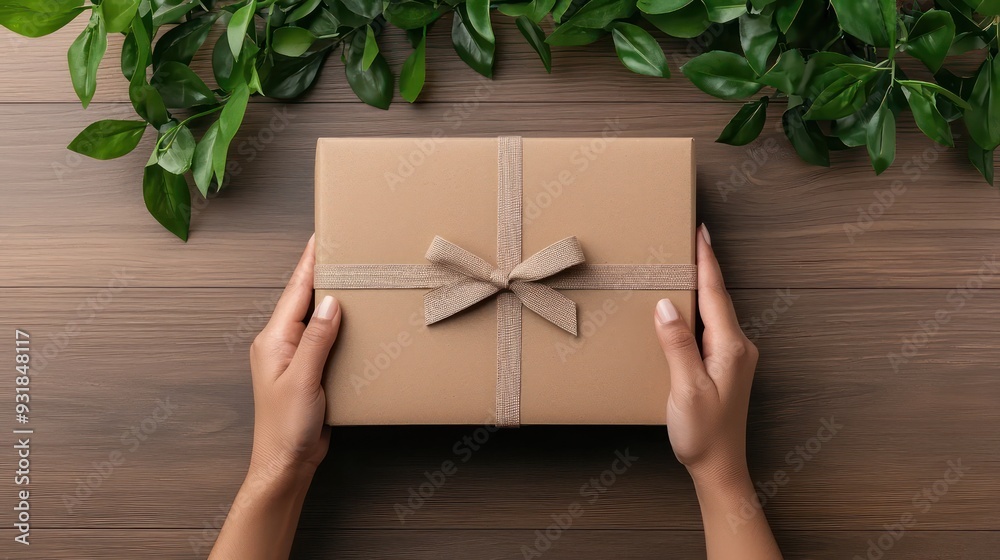 Poster a person is holding a brown box with a bow on it. the box is wrapped in brown paper and has a ribbon