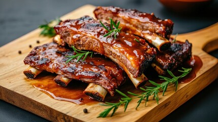 Ribs with sauce and herbs on a wooden cutting board