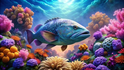 Obraz premium Pastel Reef Leviathan: Gentle giant grouper amidst vibrant pastel corals, dreamy, painterly, lavender