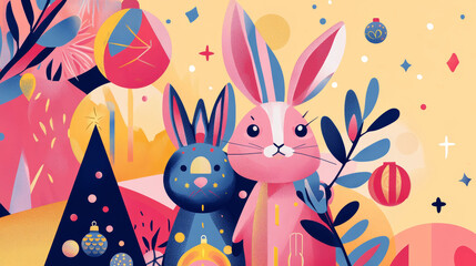 Modern art design for Chinese New Year 2023, featuring vector illustrations for the Year of the Rabbit. Includes a hare, Christmas tree, text, and Christmas toy, ideal for a greeting card, poster.