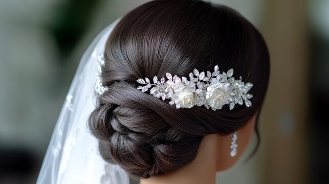 Elegant bridal hairstyle featuring intricate braiding and adorned with floral accessories, perfect for wedding photography.