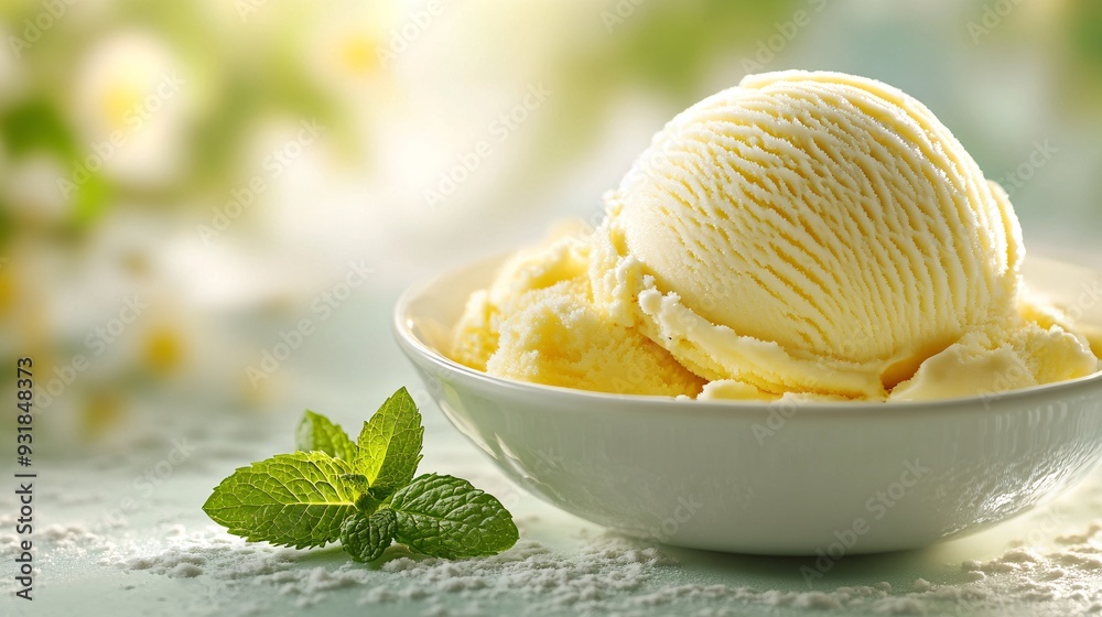Aufkleber an artistic composition of a single scoop of ice cream in an elegant dish, with a minimalistic backd