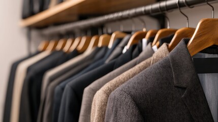 Obraz premium A rack of clothes with a variety of colors and styles. The clothes are hanging on hangers and are neatly organized. Concept of order and cleanliness