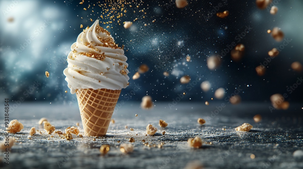 Aufkleber a stylish shot of an ice cream cone with a beautifully piped swirl of ice cream, adorned with gold f