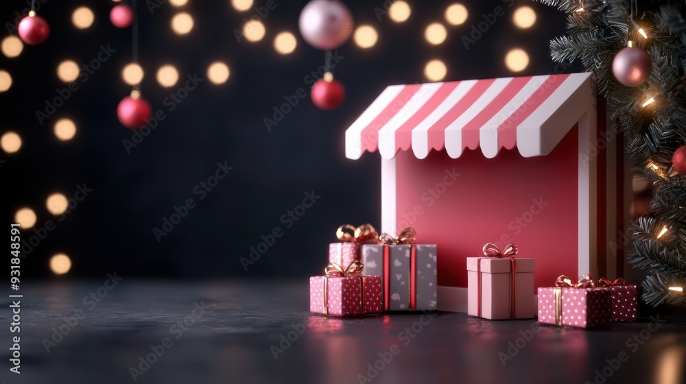 Poster A Christmas store display with a red and white sign and a tree with lights. The store is filled with many gifts and decorations