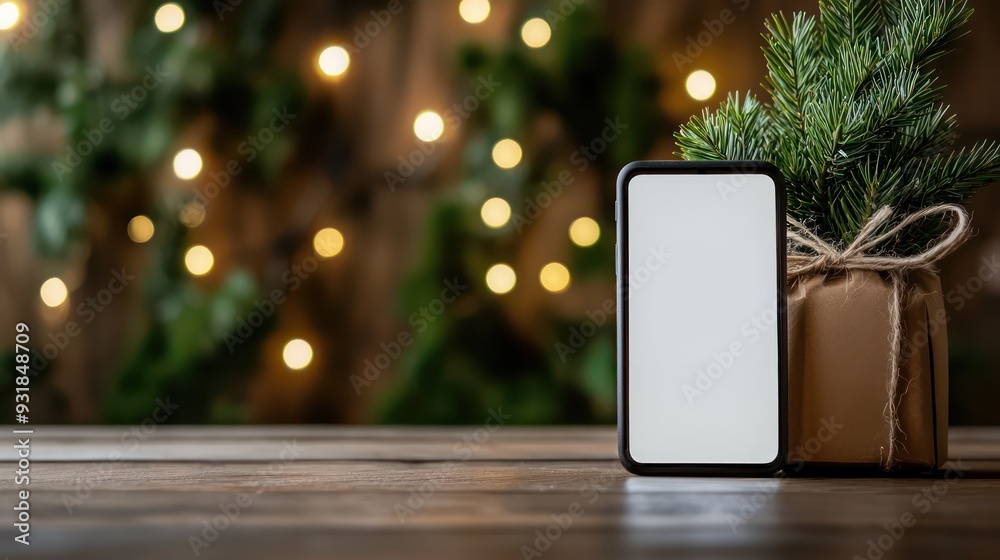 Poster a white box with a black box next to it. the scene is set in a room with christmas lights