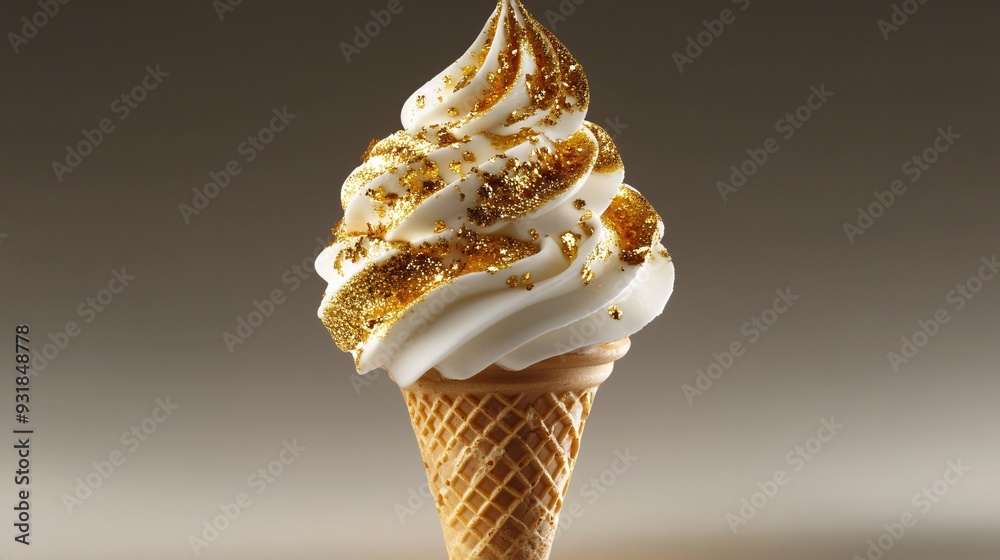Aufkleber a stylish shot of an ice cream cone with a beautifully piped swirl of ice cream, adorned with gold f