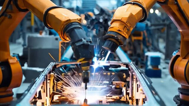 Industrial robots welding car frames in an automotive manufacturing plant.