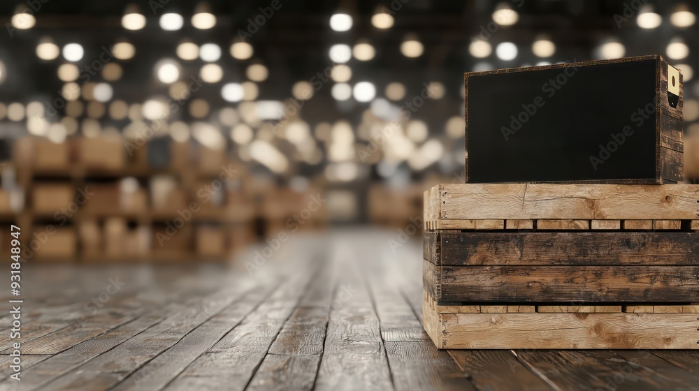 Poster a wooden crate sits on a wooden floor in a warehouse. the crate is empty and has a black board on to