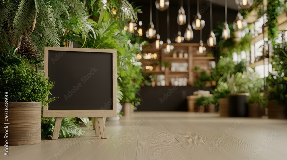 Aufkleber a blackboard is on a wooden stand in a room with lots of plants. the room is very open and has a lot