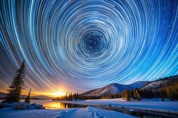 Polaris' Starlight Symphony: North Star, guiding light, celestial navigation, star trails, cosmic journey