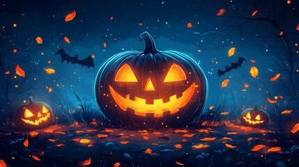 Fototapeta premium A happy Halloween celebration, featuring a pumpkin mask and Halloween banners.