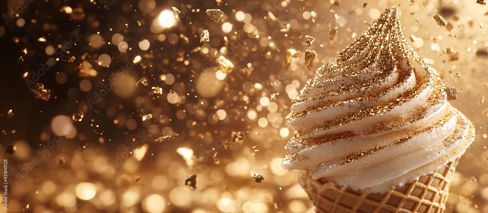 Aufkleber a stylish shot of an ice cream cone with a beautifully piped swirl of ice cream, adorned with gold f