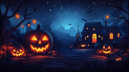 Vector flat design of a Halloween celebration, including a pumpkin mask and festive banners, in a cheerful and spooky setting.