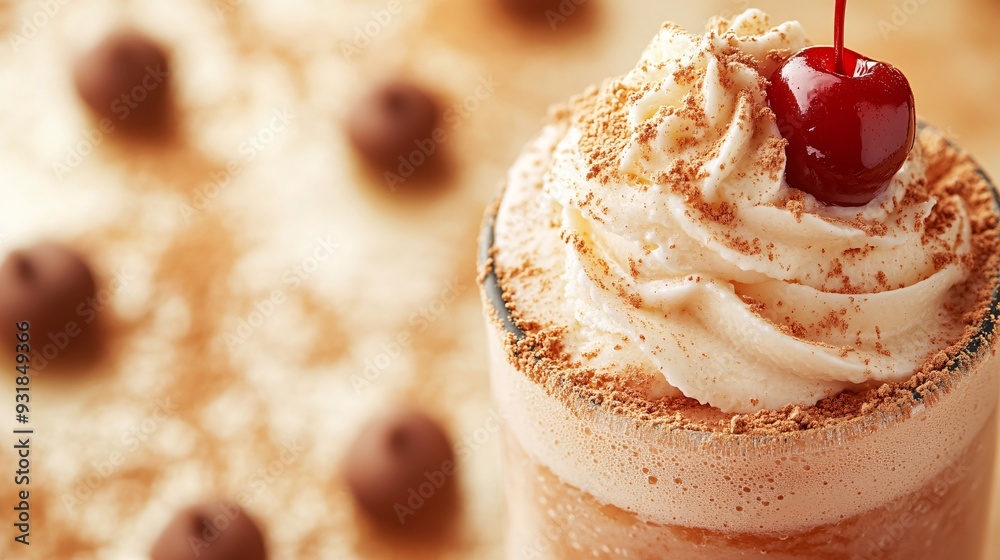 Poster a close-up view of a rich and creamy ice cream float, with a perfectly fizzy soda, topped with a gen