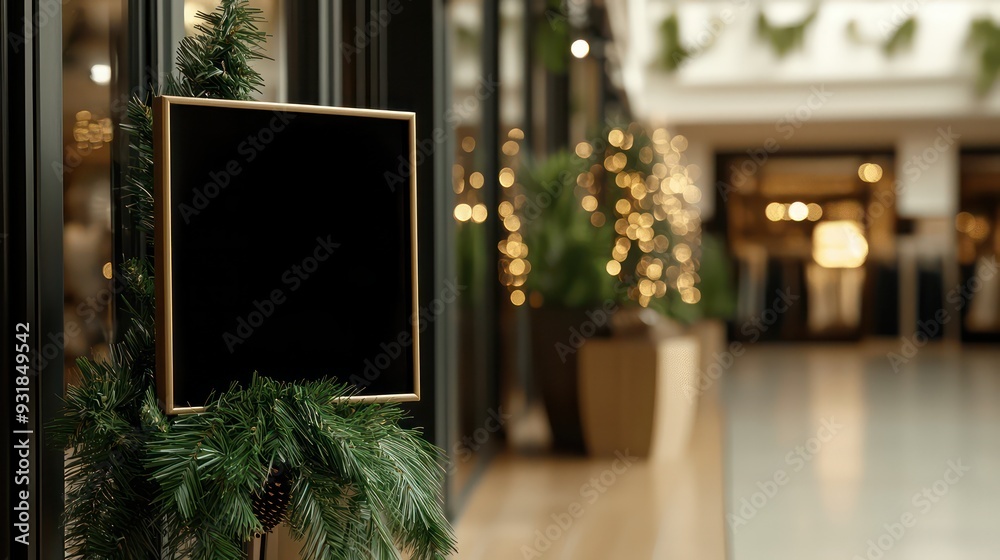 Poster a black sign with a green frame is hanging on a window. the sign is empty, and the background is dec