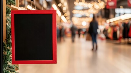 Obraz premium A blackboard with a red frame is hanging from a store window. The board is empty, but the red frame and the blackboard itself create a sense of anticipation and excitement