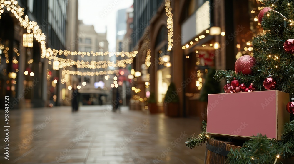 Aufkleber a christmas tree with red ornaments is in front of a building. the scene is set in a city with a bus