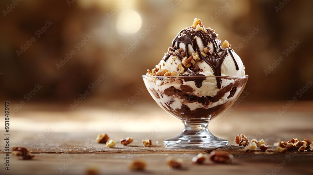 Poster a sophisticated image of a classic ice cream sundae in an upscale glass bowl, featuring layers of va