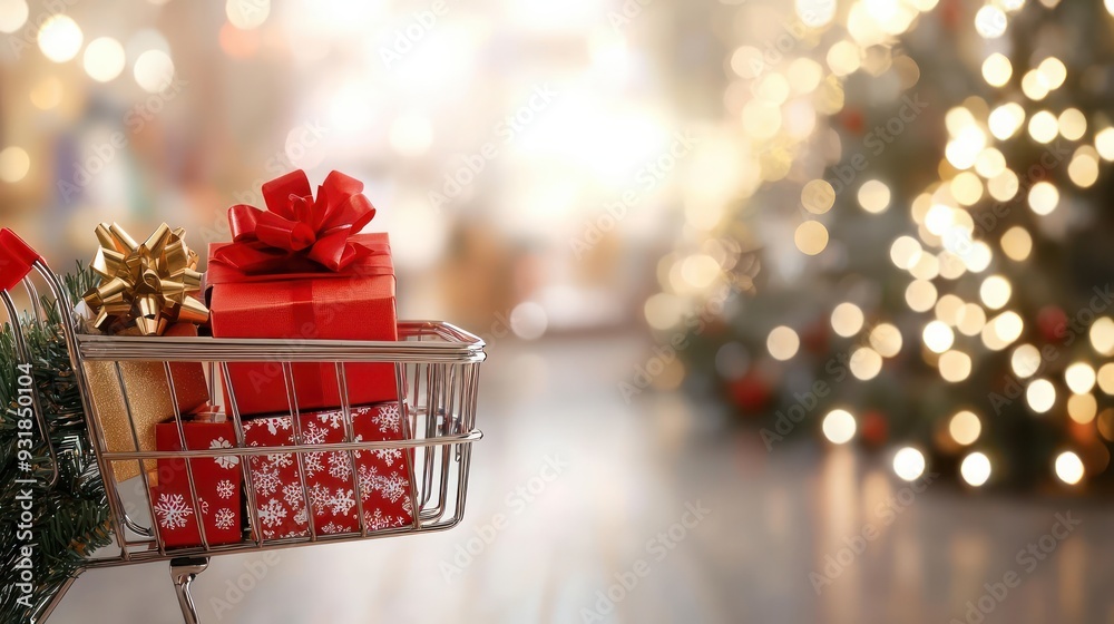 Poster a shopping cart full of presents is in front of a christmas tree. the scene is festive and joyful, w