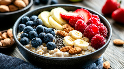 A Vibrant Oatmeal Bowl Overflowing with Fresh Fruits for a Healthy Breakfast Delight